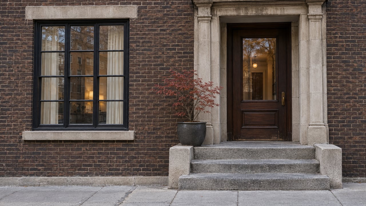 Brown-brick apartment entrance with a carved limestone surround, glazed walnut door, worn granite steps and a copper-leaved Japanese maple in a planter.