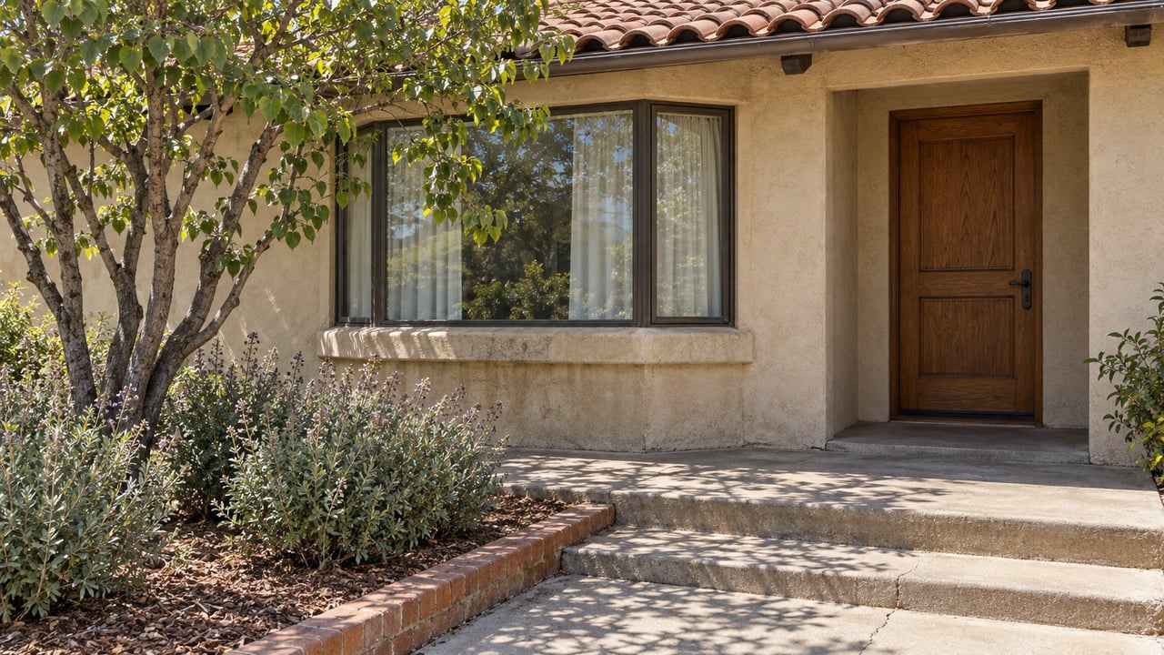 Sunlit buff stucco home with a terracotta roof, bronze-framed window, oak front door and redbud beside concrete porch steps.