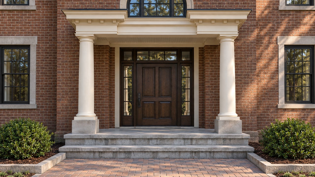 Traditional brick home entry with cream columns, an oak door, limestone steps and two clipped boxwoods in morning light.