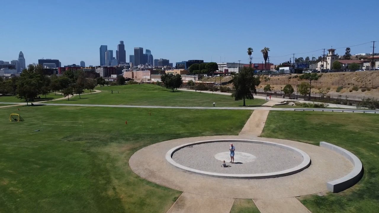 Los Angeles State Historic Park and the Downtown skyline, photographed in 2022