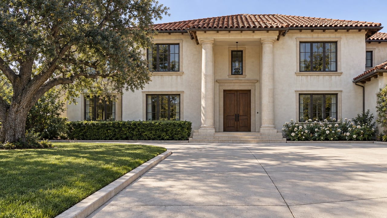 An ivory stucco estate with terracotta roofing, paired limestone entry columns, a broad drive court and a mature oak.