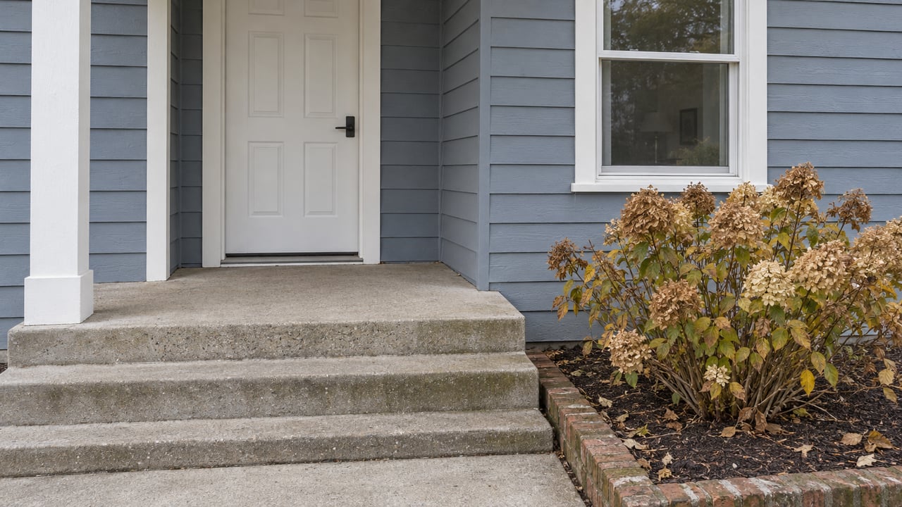 Blue-gray clapboard home entry with white trim, weathered concrete steps and tawny hydrangea flower heads in an edged planting bed.