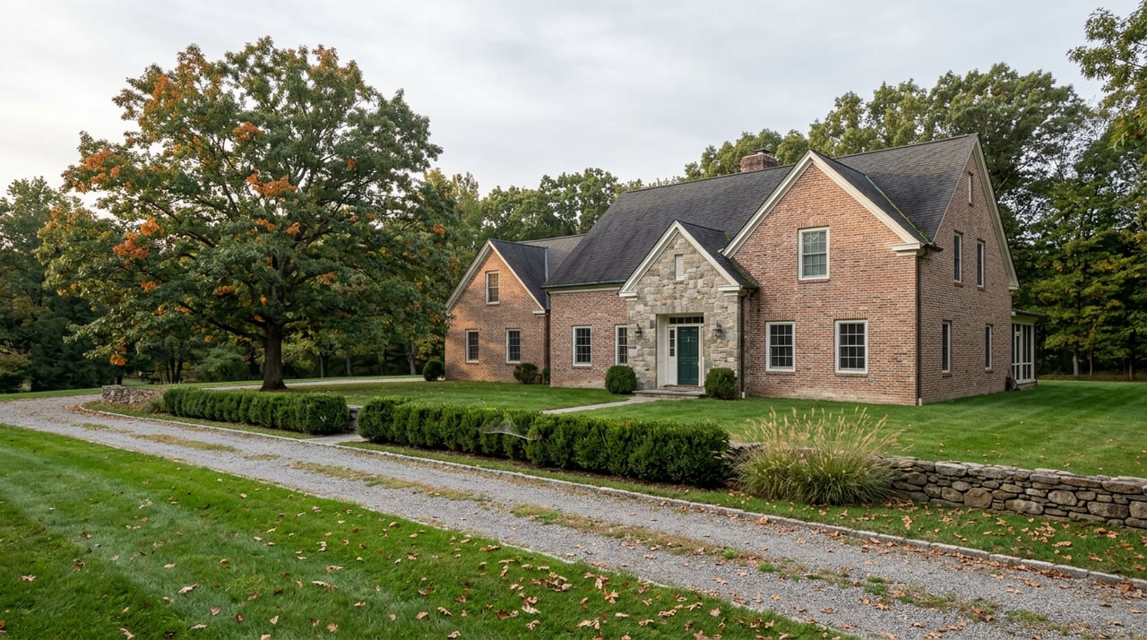 Brick-and-stone estate house beside a curving gravel drive, fieldstone wall, and mature oak.