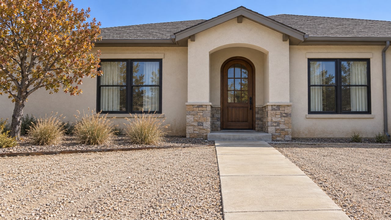 A low single-story home with pale stucco, an arched wood entry, black-framed windows and a gravel forecourt beside a russet-leaved oak.
