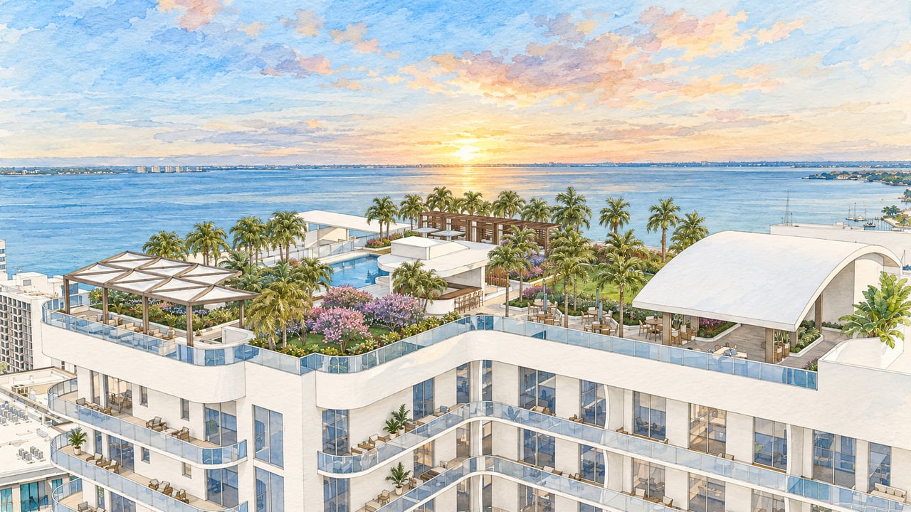 Modern condominium rooftop terrace with a pool and palm trees overlooking the water at sunset.