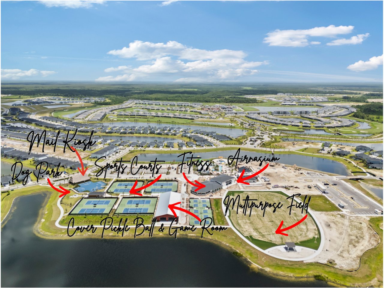 Tucker’s Cove aerial map labels its dog park, sports courts, fitness center, and multipurpose field.
