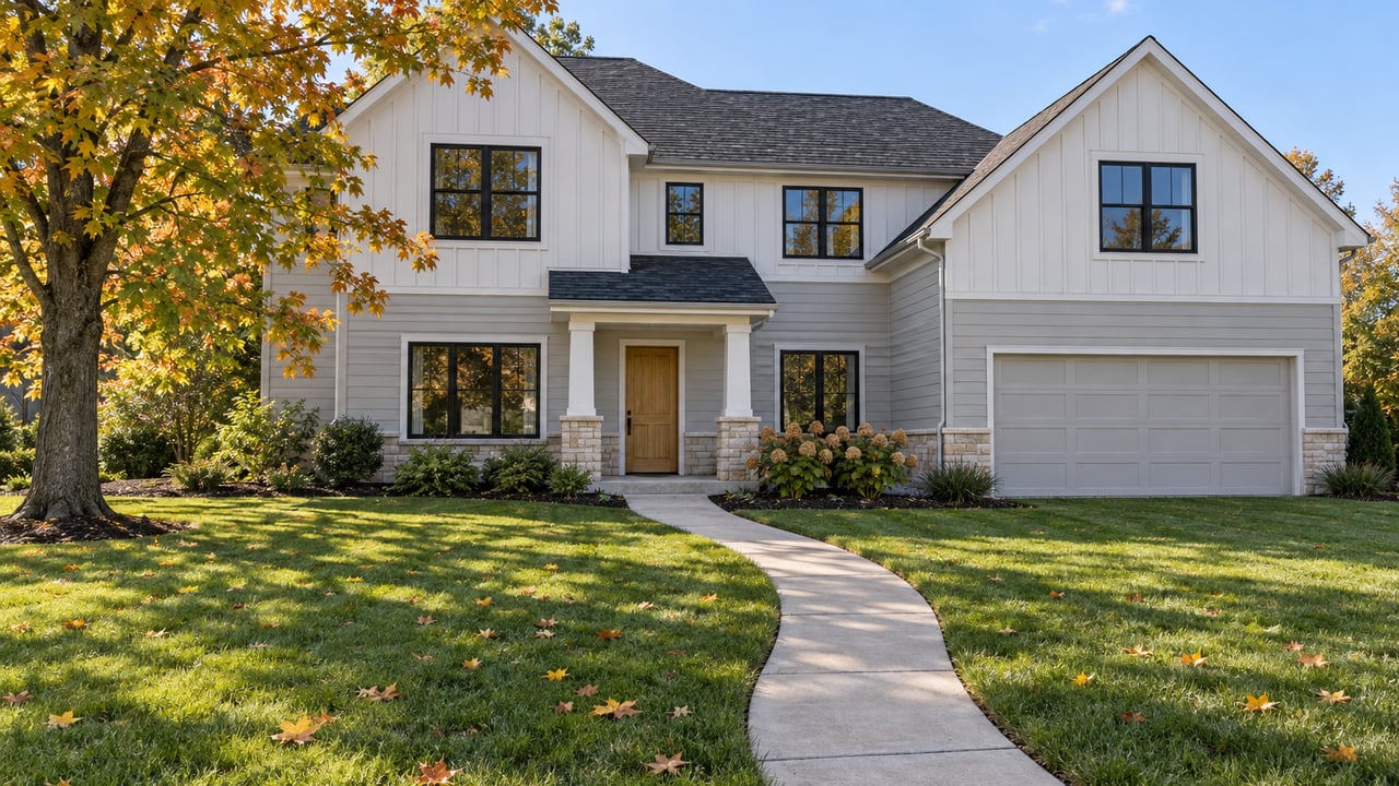 Light-sided two-story home with dark gabled roofs, a stone-trimmed entrance, deep green lawn, and an amber-leaved maple in autumn sunlight.