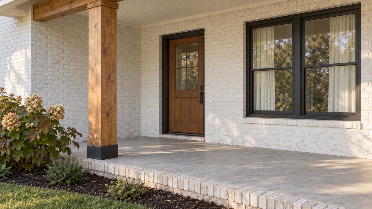White brick home’s front porch with a wooden door, timber post, and black-framed windows.