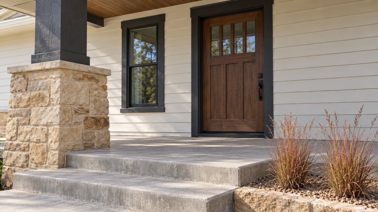 Sunlit front porch with a sandstone pier, walnut door, off-white siding and copper-colored little bluestem beside concrete steps.