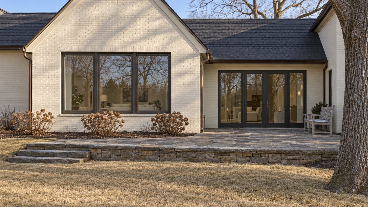 Winter lawn leading to a cream painted-brick home with bronze-framed glazing, a stone terrace, and a bare white oak.