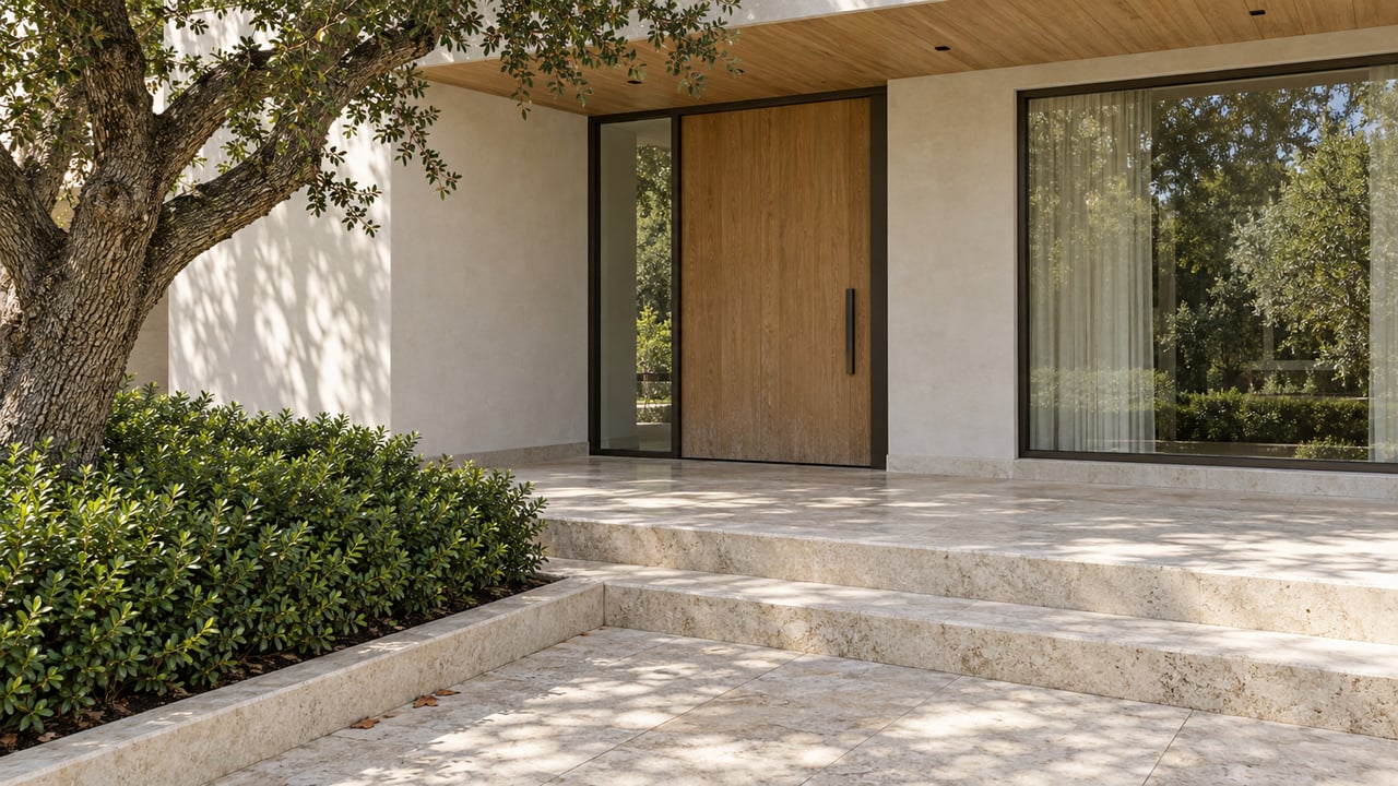 A sheltered oak entrance with bronze-framed glazing, limestone steps, and a mature oak beside a clipped myrtle hedge.