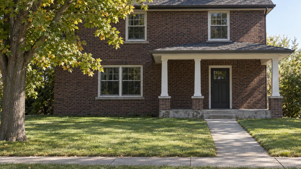 Two-story dark-red brick house with a covered porch, broad lawn, concrete walkway, and maple tree.