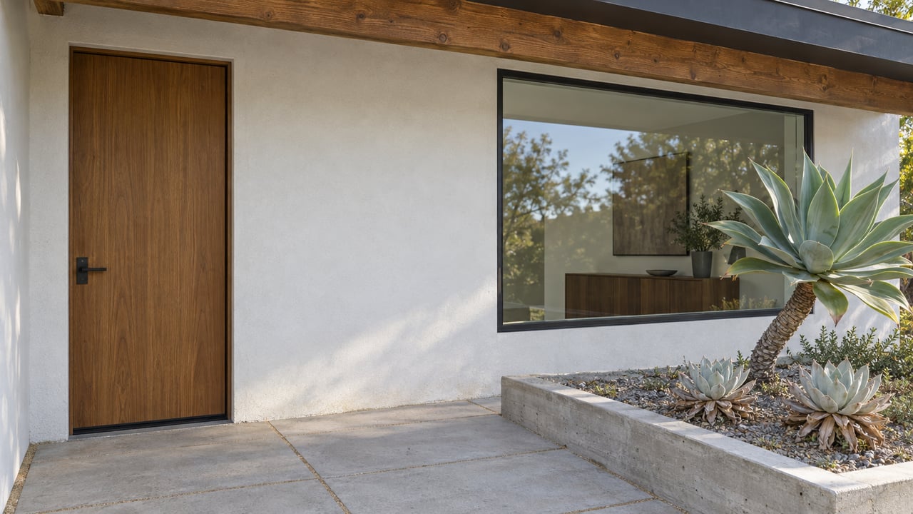 A warm-modern home's wood entry door and broad window beneath a timber overhang, beside a concrete-edged planting pocket with sculptural succulents.