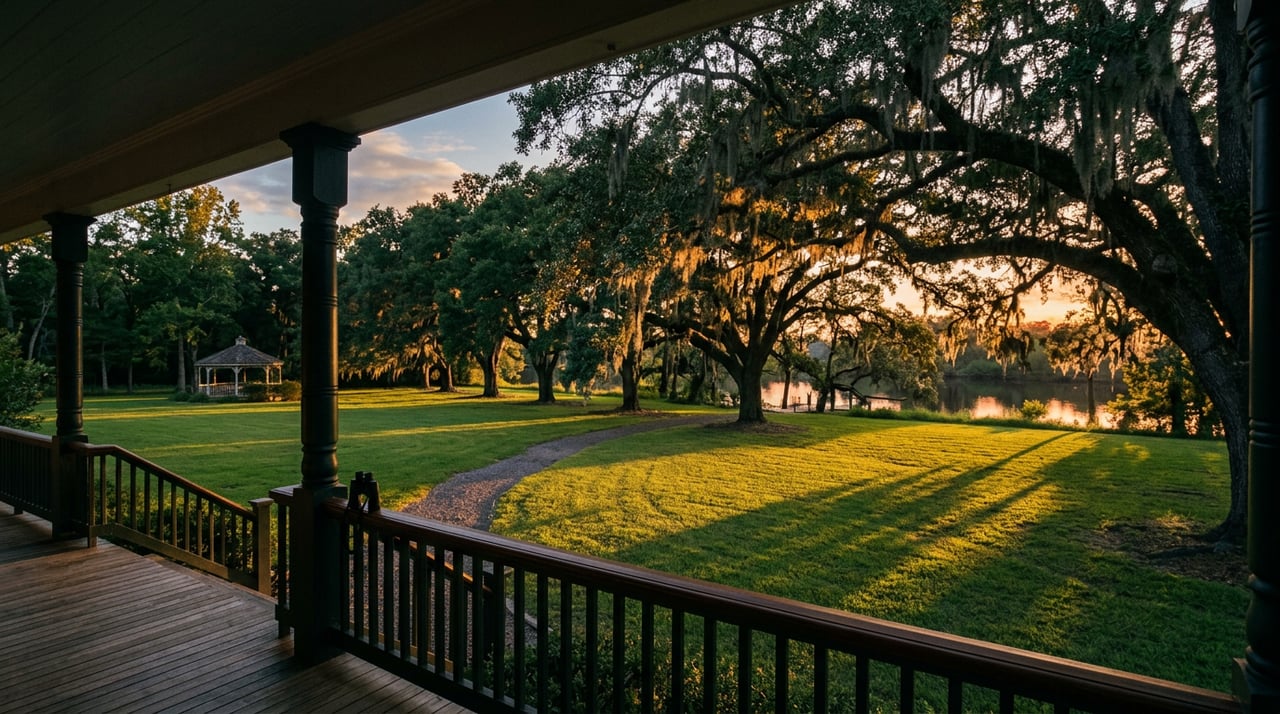 Pale stone porch overlooks lawn, spreading live oak, and a glimpse of still water.