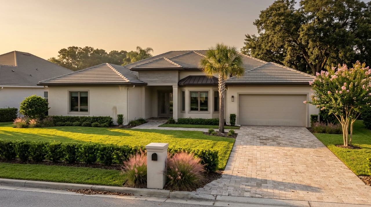 Single-family stucco home with a tiled roof, paver driveway, pink-flowering crepe myrtle, and mature oak.