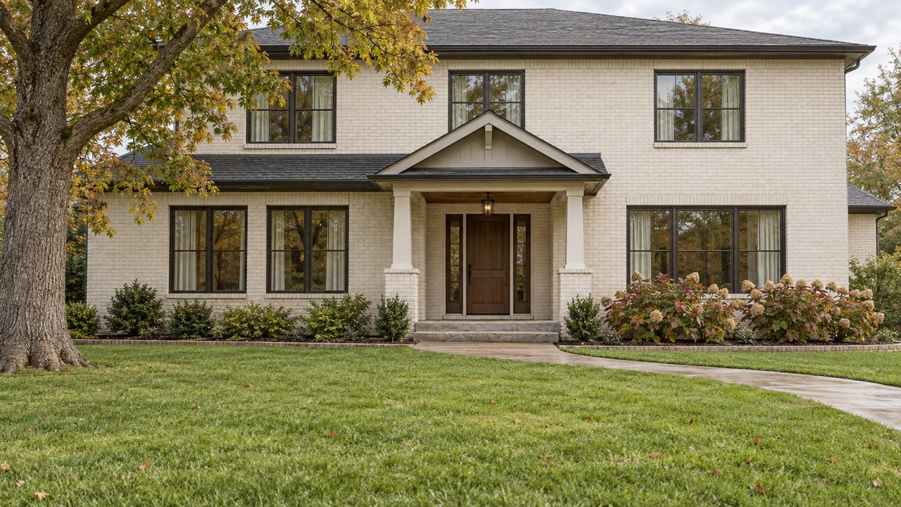 Updated two-story painted-brick home behind a deep lawn, with a mature white oak and oakleaf hydrangeas beside the porch.