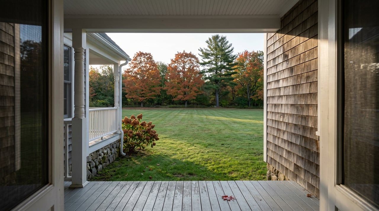 Farmhouse porch overlooking a mown lawn, with orange-red maples and a tall pine at the treeline.