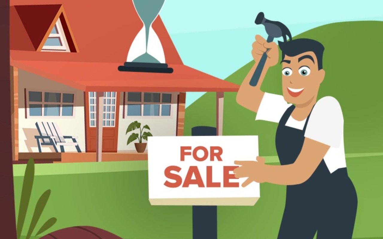 Illustration of a man holding a hammer beside a house and a FOR SALE sign.