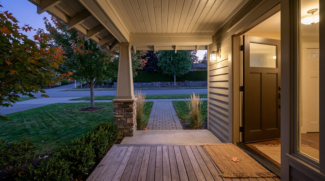 Craftsman porch at dusk, warm doorway lights against blue-violet sky and orange maple leaves.