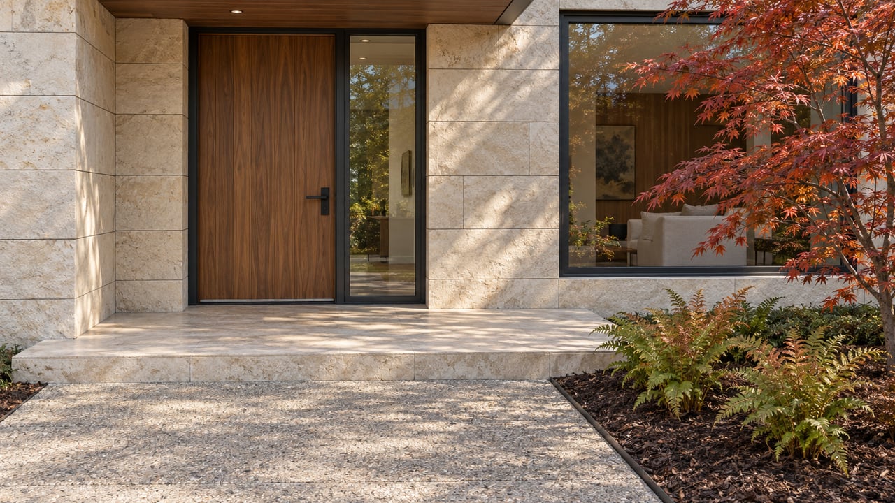 A walnut front door and charcoal-framed windows above a limestone entry landing, beside a copper-leaved Japanese maple.