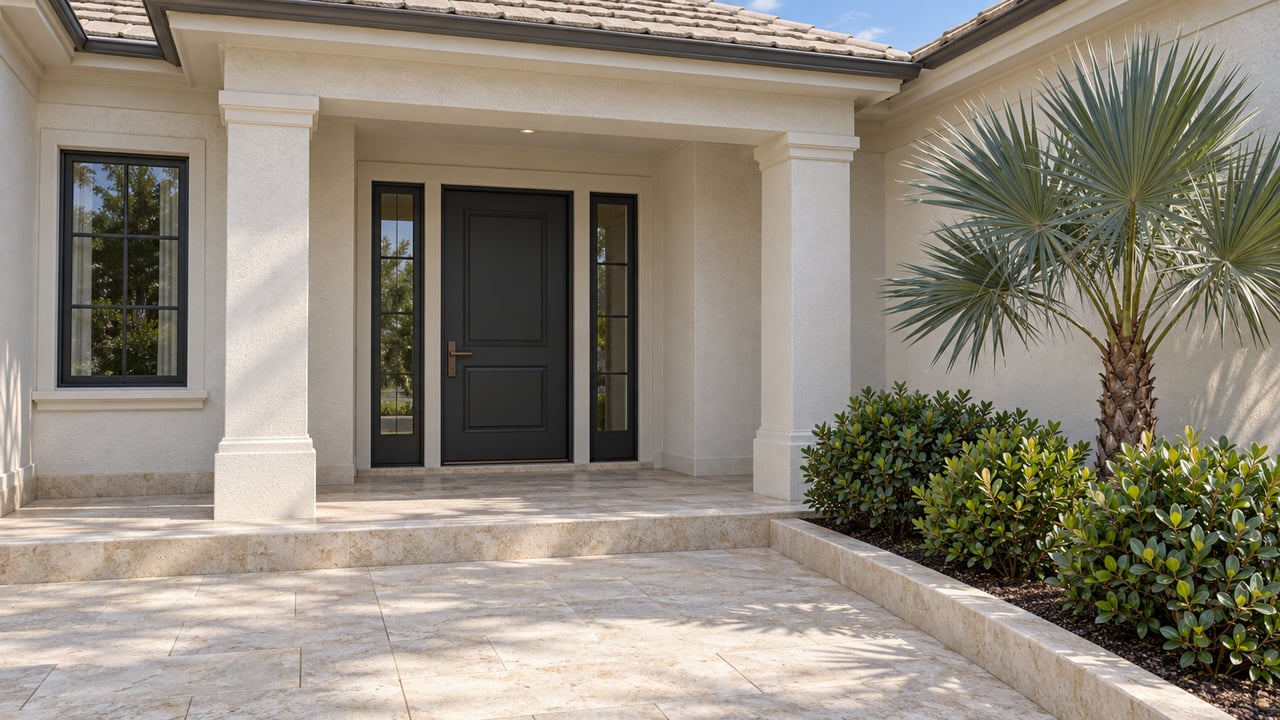 Warm-white stucco home entrance with a charcoal door, paired glass sidelights, limestone paving and a silver palm.
