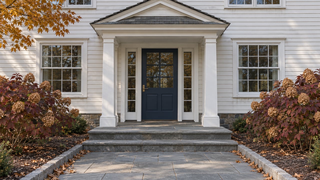 White clapboard home with a navy front door, paired columns, bluestone steps and burgundy oakleaf hydrangeas.