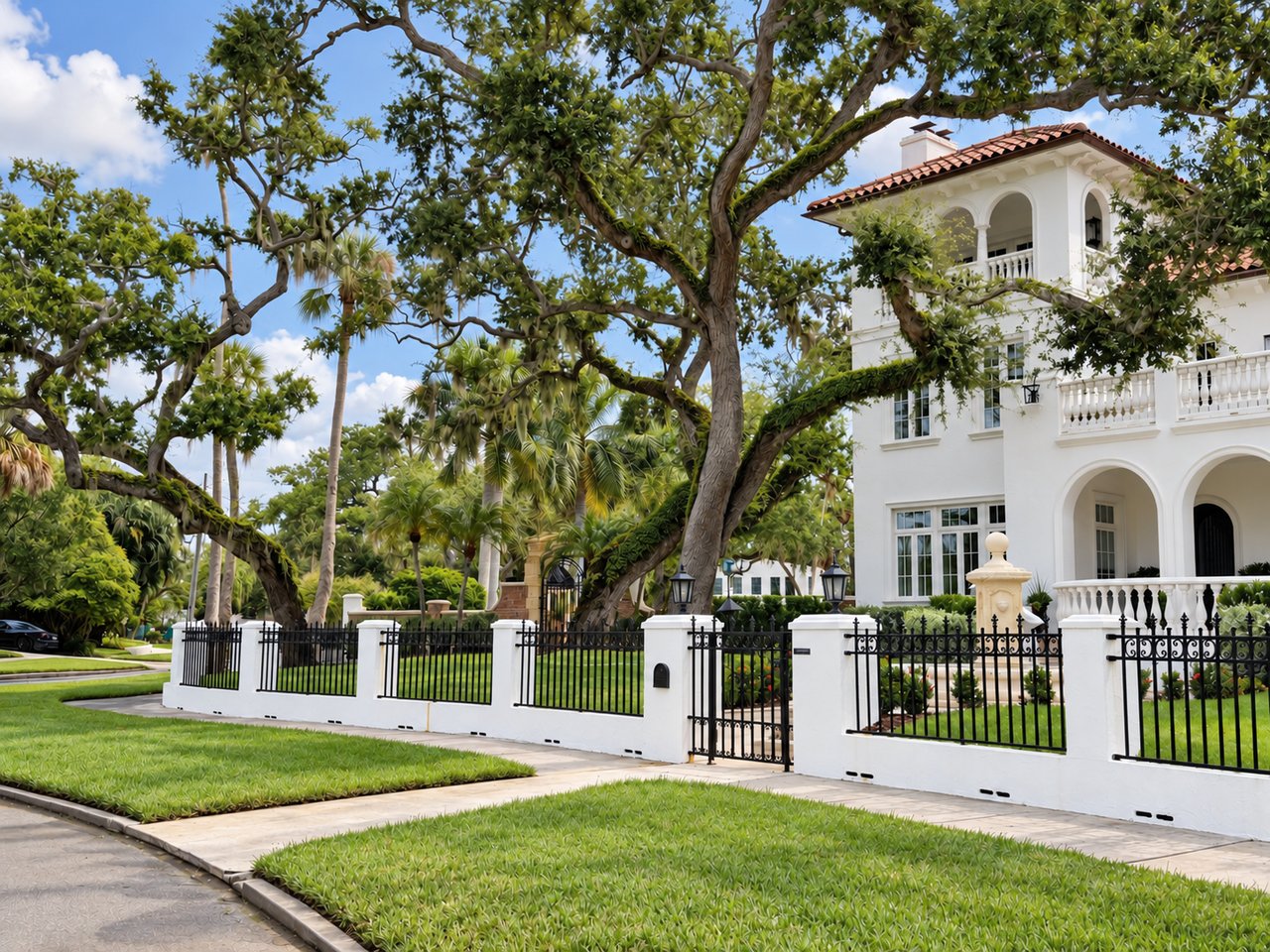 Live oaks and a Mediterranean-style home on a South Tampa street, illustrating Florida's Amendment 3 property tax vote