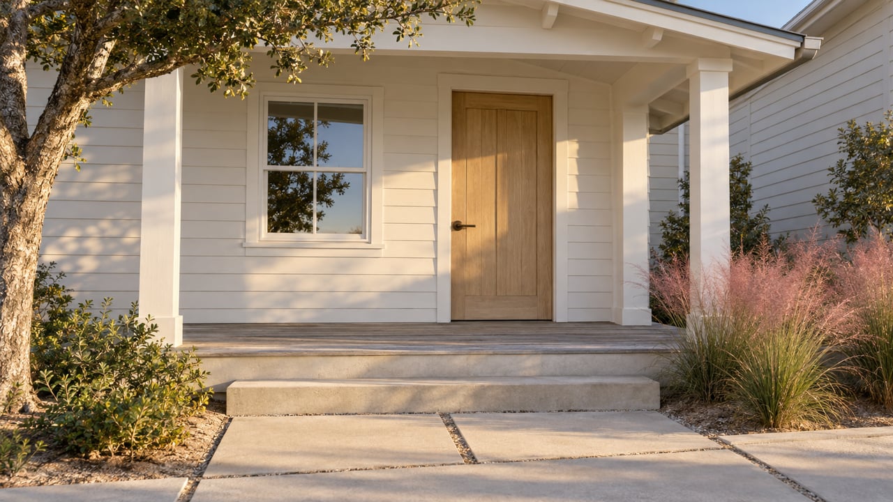 Coastal home entry with a covered porch, pale oak door, concrete pavers, and ornamental grasses.