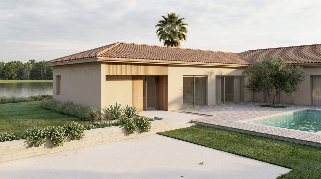 Modern stucco home with clay tile roof, turquoise pool, palm, and olive tree beside a sloping lawn.