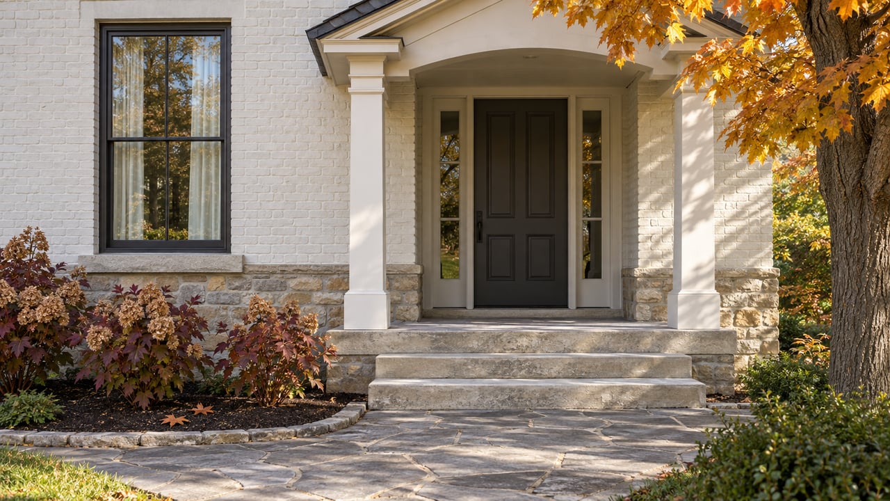 Cream-painted brick home entry with limestone steps, paired glazed sidelights, a tall window and autumn maple foliage.