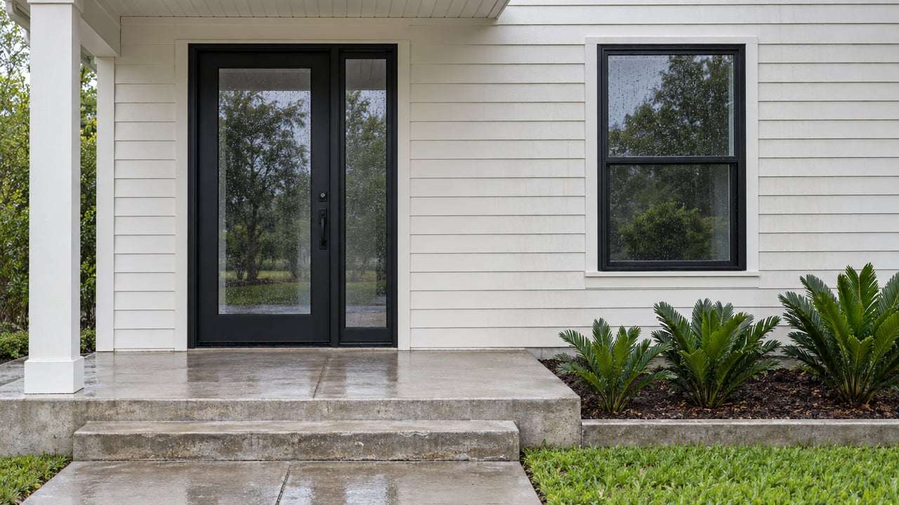 Black-framed front door and window in cream siding above a damp concrete porch, with three cycads in a mulched bed.