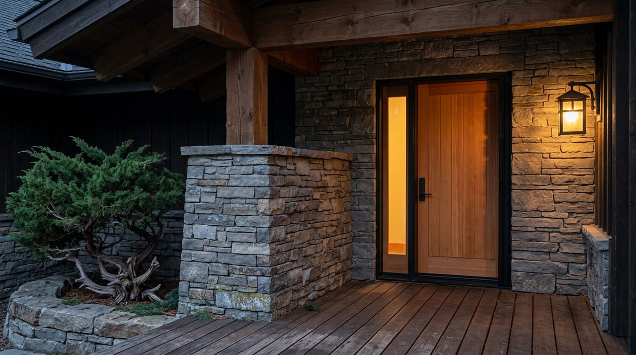 Mountain-home entry with a stacked-stone pier, timber post, fir door, and glowing sidelight beneath a deep eave.