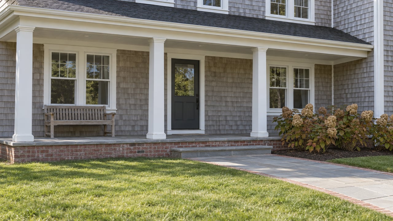 Silver-gray shingled home with a white covered porch, bluestone approach, broad lawn, and autumn oakleaf hydrangeas.