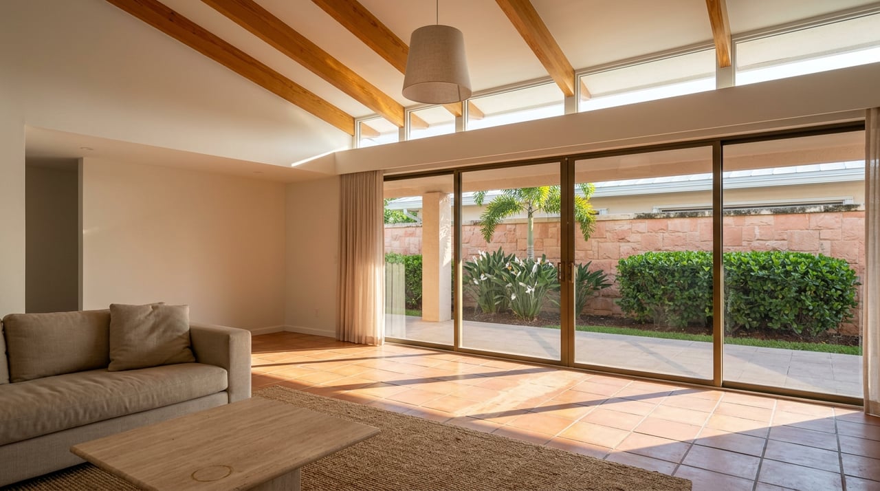 Great room with exposed wood beams, terracotta tiles, and sliding glass doors overlooking a palm and coral-stone wall.
