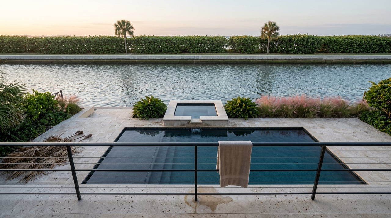 Waterfront terrace with a dark-tiled pool, raised limestone spa, and palms beyond calm water at dawn.