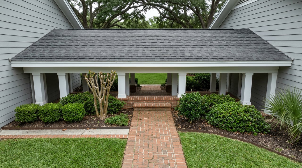 Home portico with charcoal shingle roof, white columns, brick walkway, and lawn beneath oak canopy.