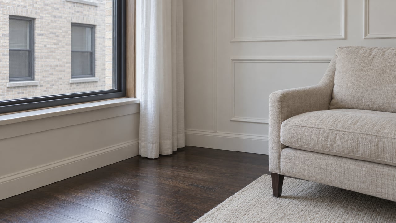 Compact condominium living room with white panel molding, dark oak flooring and an oatmeal armchair beside a closed window.