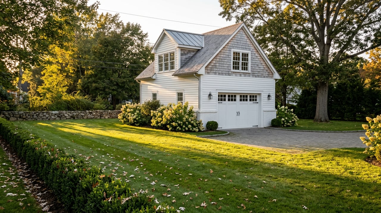 Detached white two-story garage with a carriage door, cedar-shingled gable, and broad-canopied oak beside it.