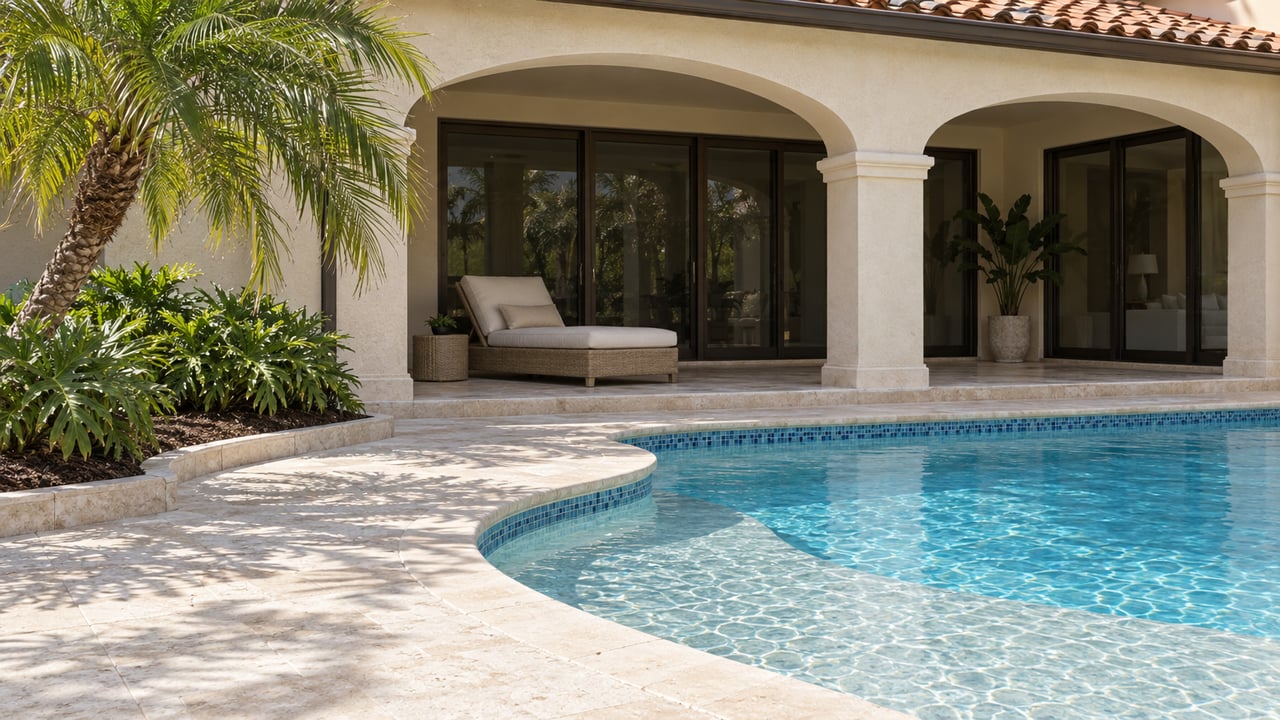 Curved blue mosaic pool beside weathered ivory limestone paving and a cream stucco lanai with clay roof tiles.