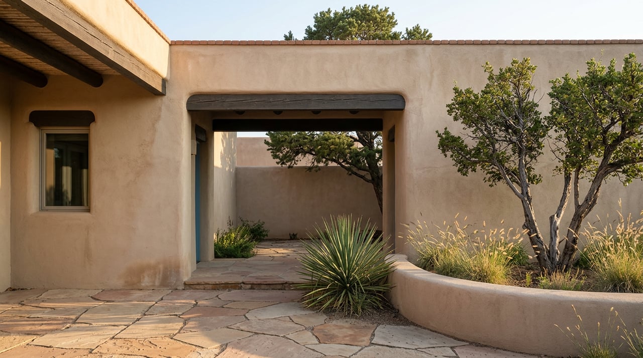 Pueblo-style stucco portal frames a flagstone courtyard with a piñon pine, yucca, and curved planted wall.