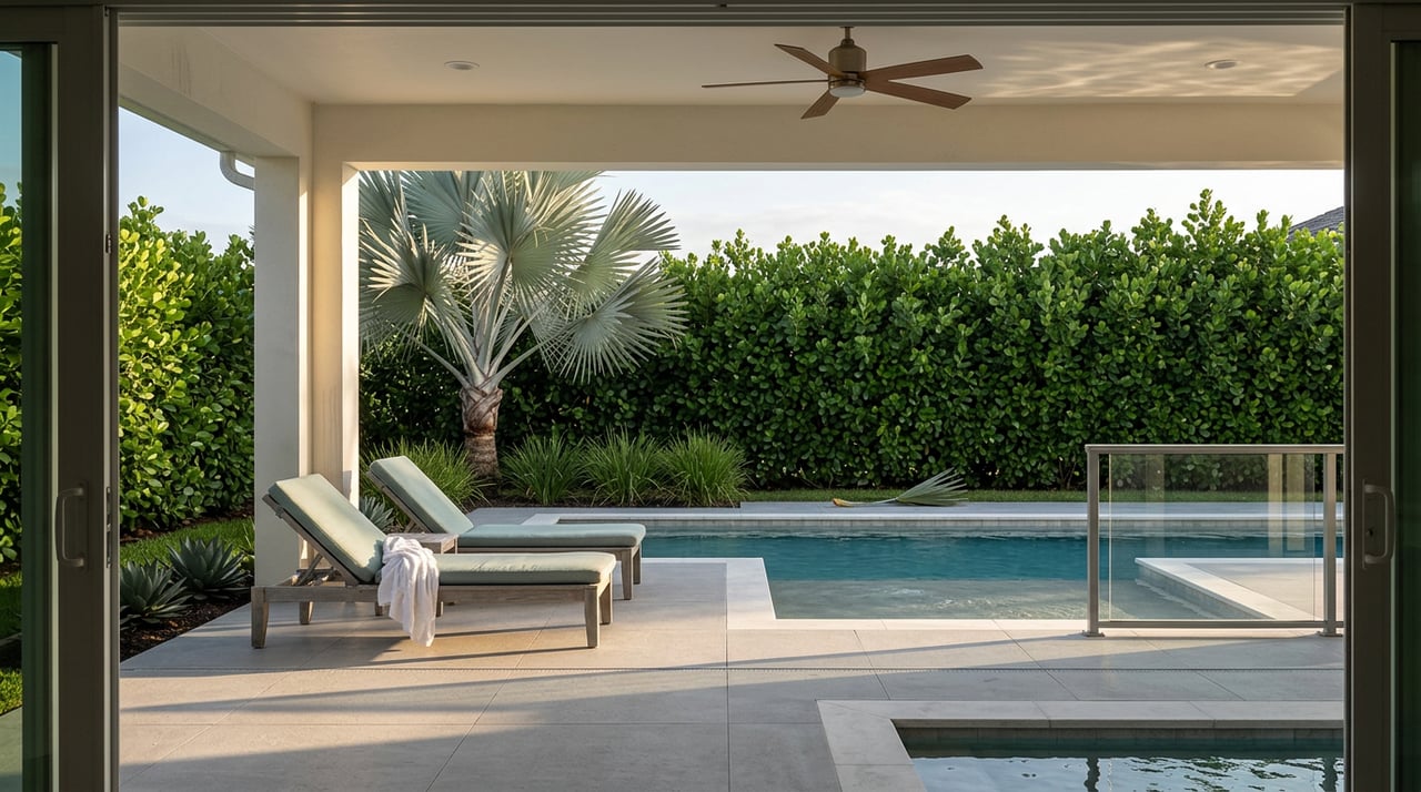 Covered lanai with teak loungers beside a pool, a fan palm and clipped hedge beyond.