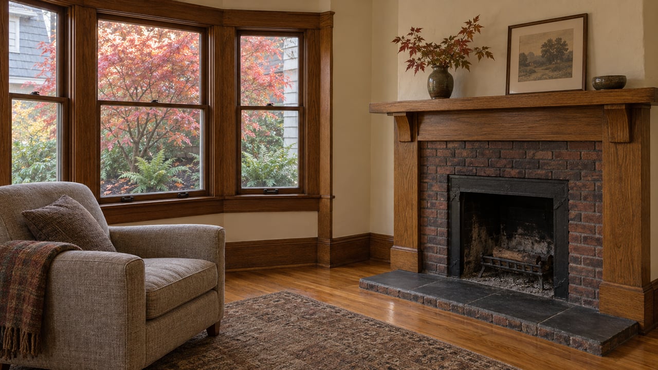 A warm oak-trimmed living room with a brick fireplace, wool armchair, and autumn maple visible through closed windows.