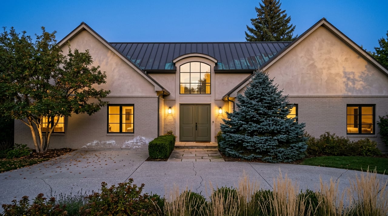 Two-story dove-gray brick and taupe stucco home with arched window, green double doors, curved drive, and mature trees.