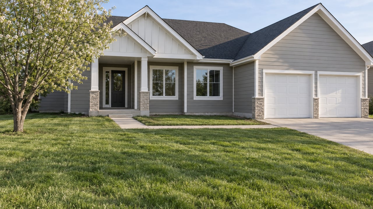 Suburban house with gray siding, white two-car garage, deep lawn, concrete walkway, and a mature tree.