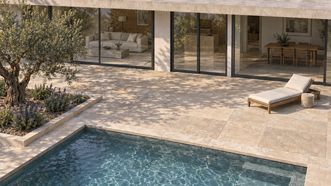 Contemporary glazed home overlooking a limestone pool terrace with an olive tree and teak chaise.