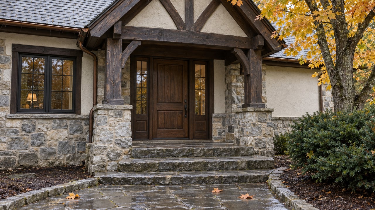 Timber-gabled cottage entry with limestone steps, dark oak door and golden maple leaves after rain.