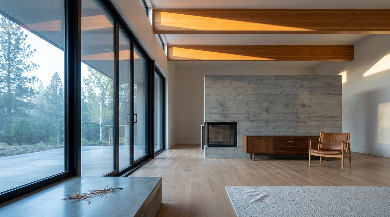 Modern great room with exposed timber beams, a concrete fireplace, and glass walls overlooking pine trees.