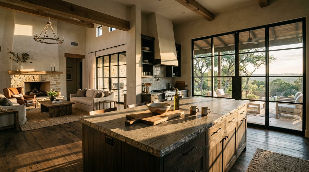 Great room with a veined limestone island, matte-black cabinetry, and glass doors opening onto a live oak-shaded patio.