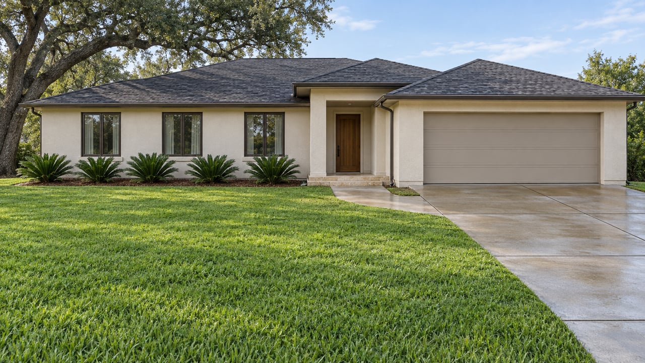 Ivory stucco home with bronze windows, a deep green front lawn, mature spreading oak and concrete entry approach.