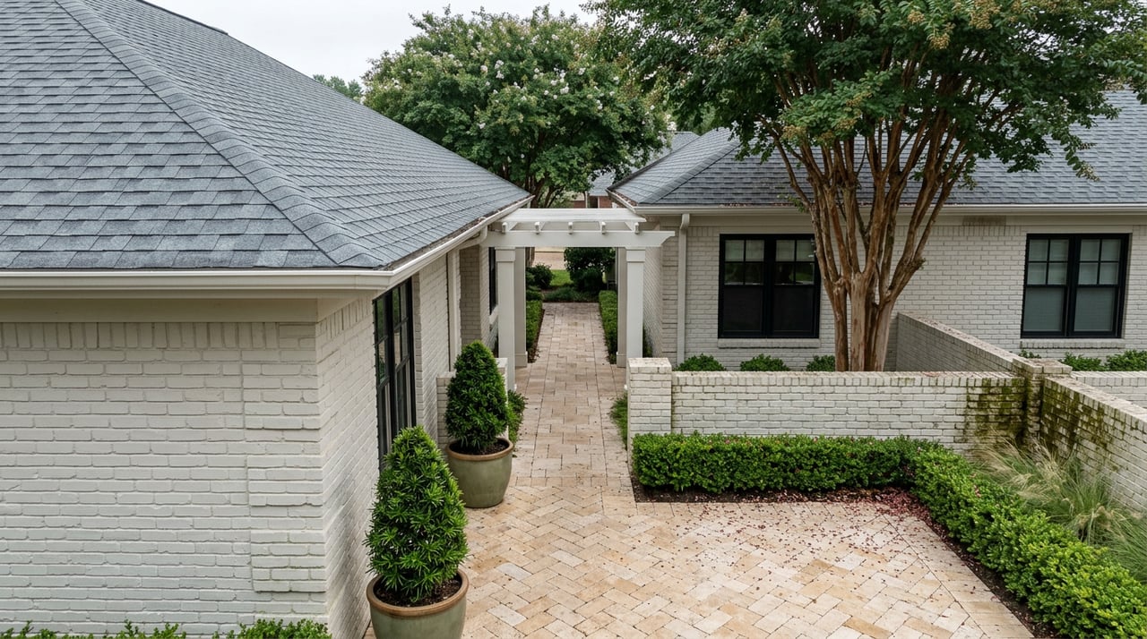 Two oyster-white brick patio homes linked by a trellised breezeway, with travertine pavers, clipped hedges, and potted topiaries.